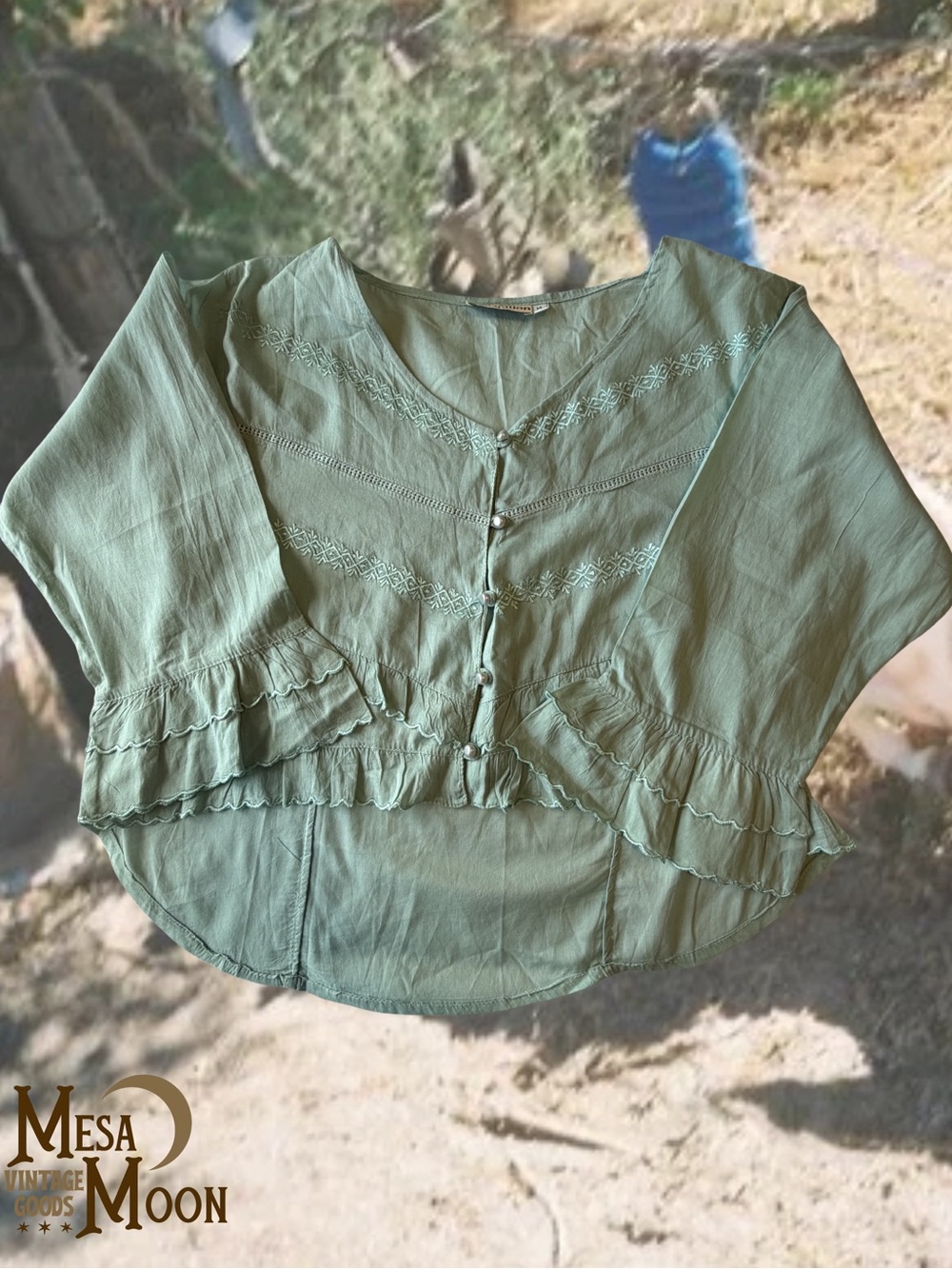 Vintage Papillon Boho Sage Green Button-Front Ruffle Blouse